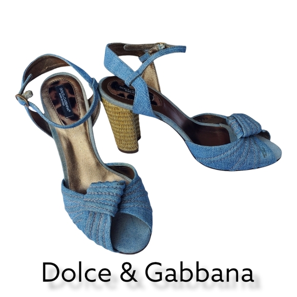 Dolce & Gabbana Blue Denim Espadrille Style Peep Toe Heel Sandals w/Ankle Strap - Picture 2 of 12